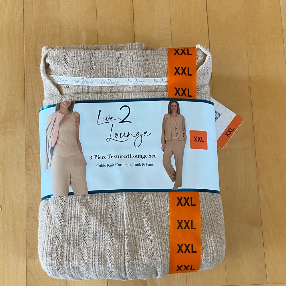 3-Piece Textured Cable Knit Loungewear Set in Beige - XXL